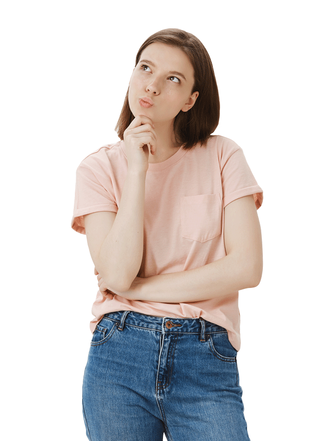 Chica con cara y pose de dudar pensando